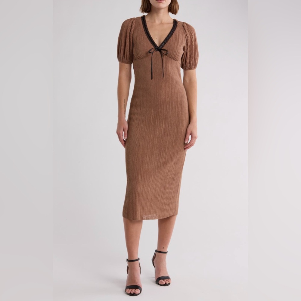 Lush Tan Midi Dress with Black Lace Trim and Satin Bow, size Small